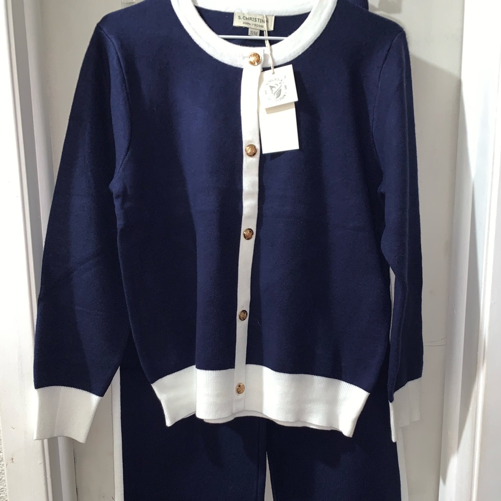 S. Christina Navy and White Cardigan Set
